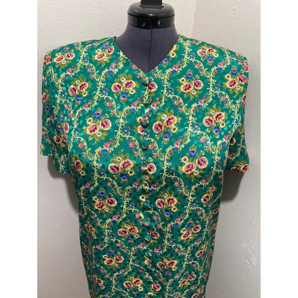 Vintage Leslie Fay Petites Green Floral Mini Dress size 10p Damask Boho 90s